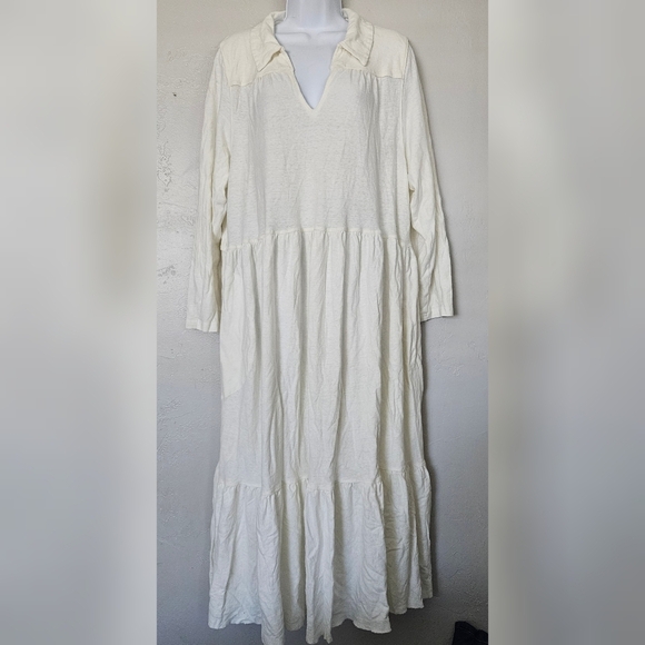 Free People Beach Women's Large White Long Sleeve Midi Dress V-neck Collared - Picture 2 of 12
